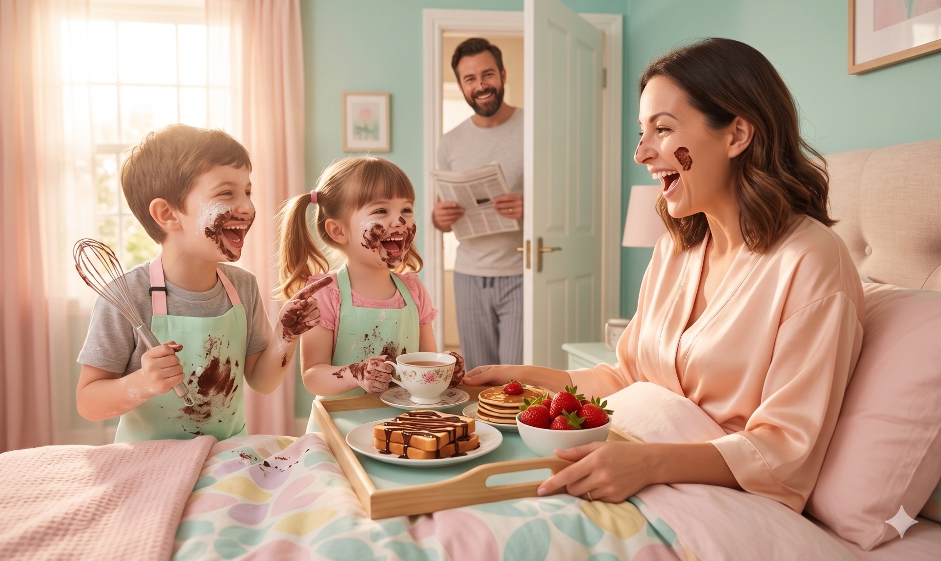 Mom laughing with her two young kids in matching mint aprons covered in flour and chocolate, baking together in a sunny pastel kitchen